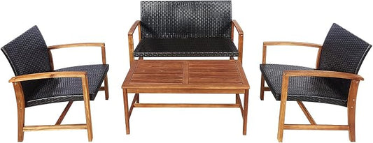 HAPPYGRILL 4 Pieces Patio Furniture Set Outdoor Patio Conversation Set with Coffee Table Loveseat Armchairs, Solid Acacia Wood, PE Wicker Surface, Modern Chat Set for Deck Poolside and Backyard