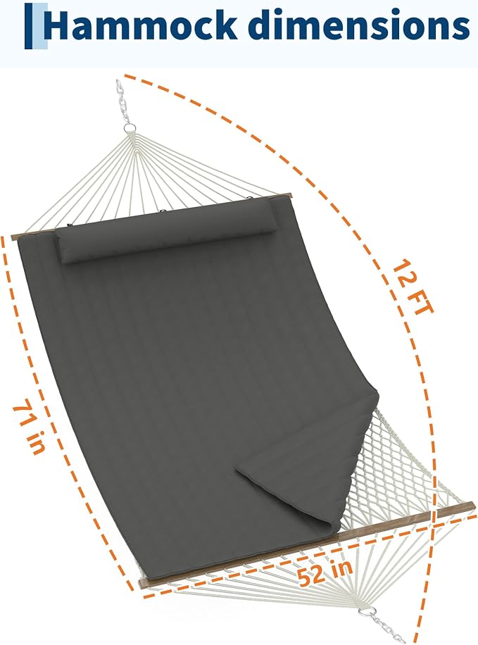 2 Person 12FT Hammocks for Outside, Double Quilted Fabric Outdoor Hammock with Spreader Bar, Large Removable Pillow, Storage Pockets, Carabiners, Max 450 Lbs Capacity