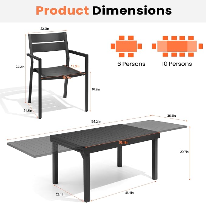 Pellebant 11-Piece Aluminum Outdoor Dining Set for 10, Stackable Contoured Seat Armrest Chairs with 17.3" Depth, Expandable Patio Table – Weather-Resistant Furniture for Deck, Porch & Backyard