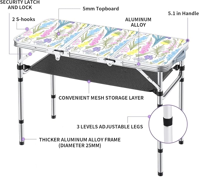 Yriuat Folding Camping Table 3ft Portable Picnic Table Adjustable Height Small Card Table Aluminum Foldable Lightweight with Carry Handle for Outdoor Indoor Hiking Camp BBQ Beach (Blooming Floral)