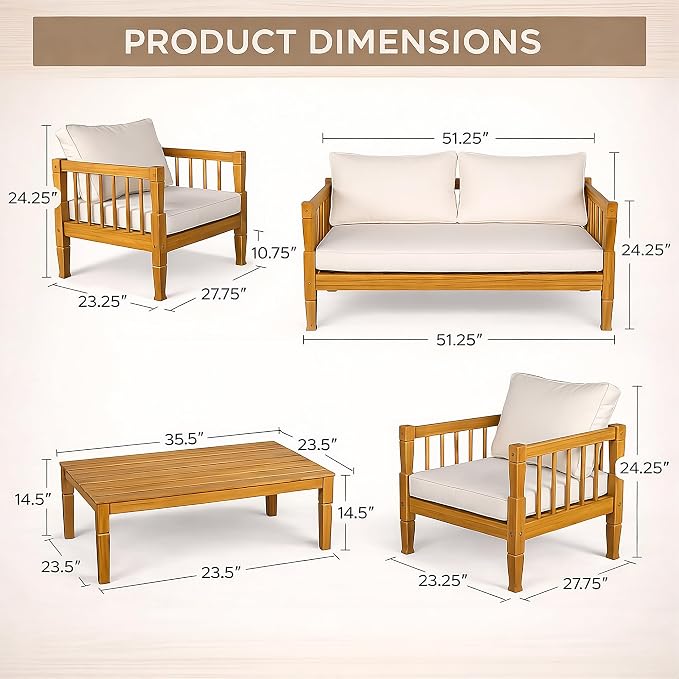 4 Piece Patio Furniture Set, Acacia Wood Modern Outdoor Conversation Set with Thick Removable Washable Cushions, All Weather Wooden Patio Seating Set for Poolside, Backyard, Balcony & Front Porch