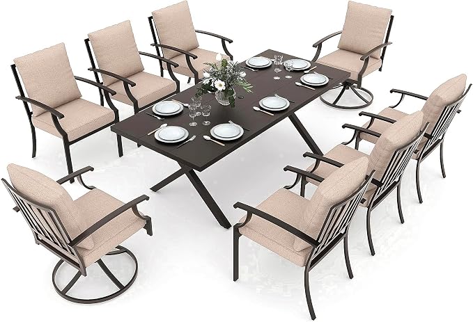 Gotland 9 Piece Outdoor Dining Set, Metal Outdoor Table and Swivel Chairs with X-Shaped Legs 1.5" Umbrella Hole, Patio Furniture Set with Waterproof Cushions, Patio Dining Sets for Backyard Deck Khaki