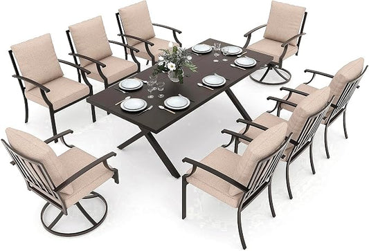 Gotland 9 Piece Outdoor Dining Set, Metal Outdoor Table and Swivel Chairs with X-Shaped Legs 1.5" Umbrella Hole, Patio Furniture Set with Waterproof Cushions, Patio Dining Sets for Backyard Deck Khaki