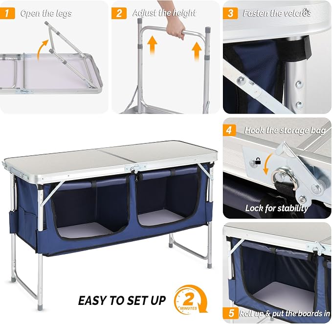 Outvita Portable Camping Table with Storage, Outdoor Aluminum Folding Camping Table with 3 Adjustable Height, Foldable Camp Tables for Backyards BBQ Party Picnic Beach Indoor, White