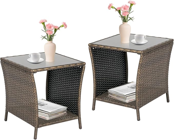 Outdoor Small Patio Table - PE Rattan Coffee Table, Wicker Side Table for Patio, Balcony & Porch, Durable & Iron Frame (2, Dark Blonde)