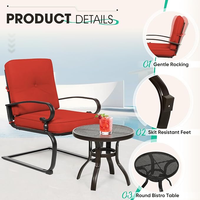 Incbruce 7 Piece Wrought Iron Patio Furniture Set Metal Outdoor Conversation Sets (Loveseat, Coffee Table and Bistro Table, 2 Spring Chair, 2 Dining Chairs) with Cushion (Red)