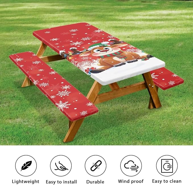 Christmas Reindeer Picnic Table Cover with Bench Covers Elastic Picnic Table Covers Outdoor Table and Chairs Decorative Sets Camping Essentials Suitable for Summer Outdoor Camping