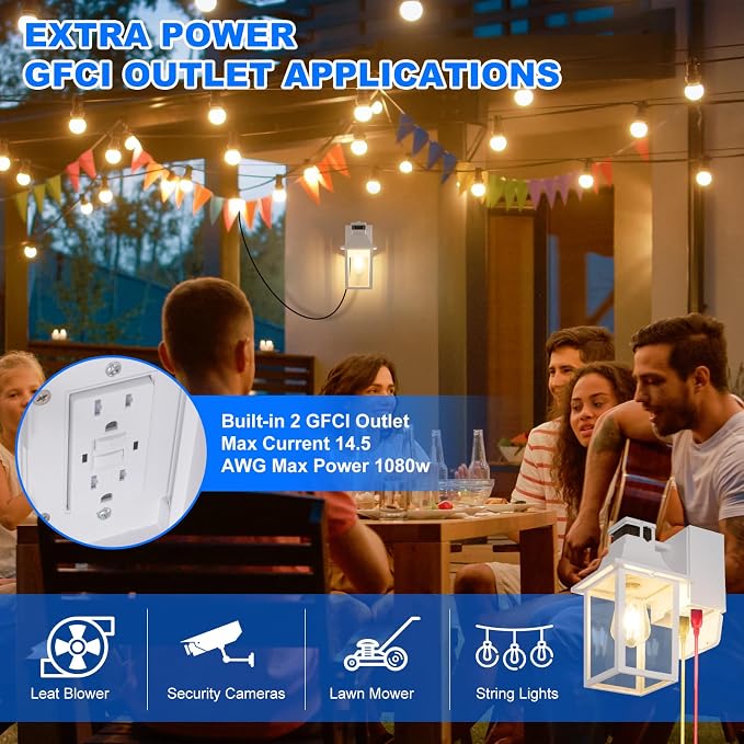 2 Pack White Porch Lights with GFCI Outlet, Dusk to Dawn Outdoor Lighting | 3-Mode Motion Sensor Outdoor Wall Light,Waterproof Aluminum Exterior Wall Sconces for House Front Door and Garage,Patio