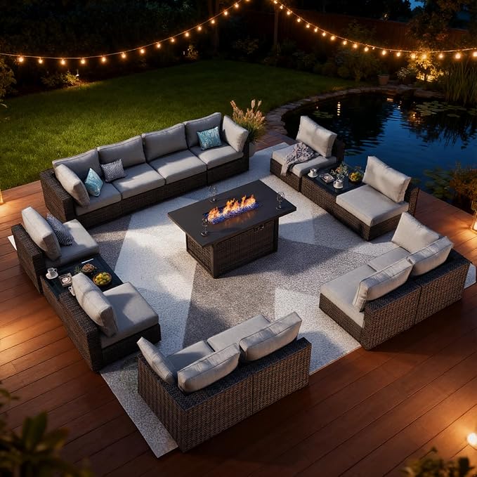 Patio Furniture Set, 15 Pieces Outdoor Sectional Patio Furniture Set with 42" Fire Pit Table, Rattan Wicker Sofa Set for Garden Backyard Deck Poolside, Grey