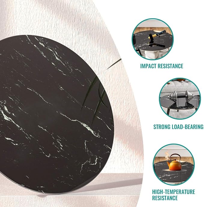 28 Inch Round Black Marble Glass Table Top, 8mm Thick Tempered Glass Tabletop for Dining Tables, Coffee Tables, Patio Tables