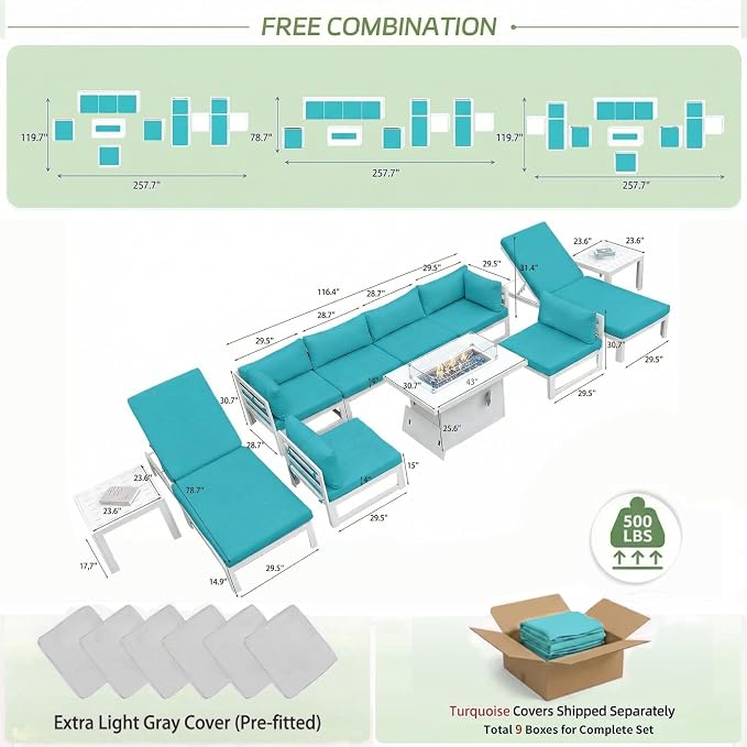 RADIATA Oversized Modern Aluminum Patio Furniture Set with Lounge Chair & Fire Pit Table, 29" Wide Deep Seated, Comfy Outdoor Sectional Sofa Set of 11, 500 lbs Heavy Duty Conversation Set, Turquoise
