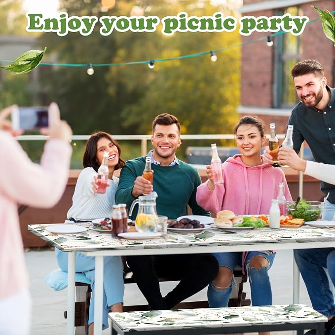 Boao 3 Pcs Vinyl Picnic Table Cover with Bench Cover 6 ft 30 x 72 Inch Waterproof Fitted Tablecloth Flannel Backing Rectangular Elastic Edged for Camping Outdoor Patio Travel(Eucalyptus)