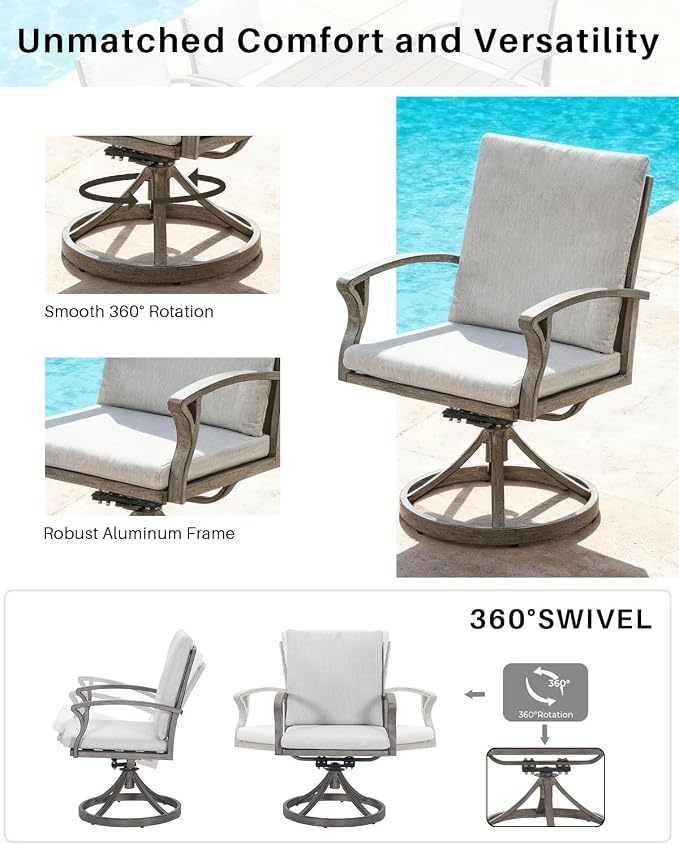 Swivel Patio Dining Chairs Set of 2, Never-Rust Aluminum Outdoor Swivel Rocking Dining Chairs with Cushions, Outdoor Dining Set Patio Furniture Set for Backyard, Deck, Garden, Pool, Limed Oak