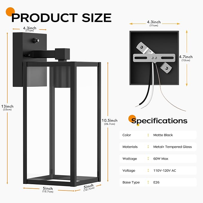 13" Dusk to Dawn Exterior Lighting Fixture, Outdoor Porch Light Wall Sconce | Anti-Rust Metal Frame, Tempered Glass, E26 Base, Waterproof, Sensor Wall Lantern for Patio, Garage, Entryway