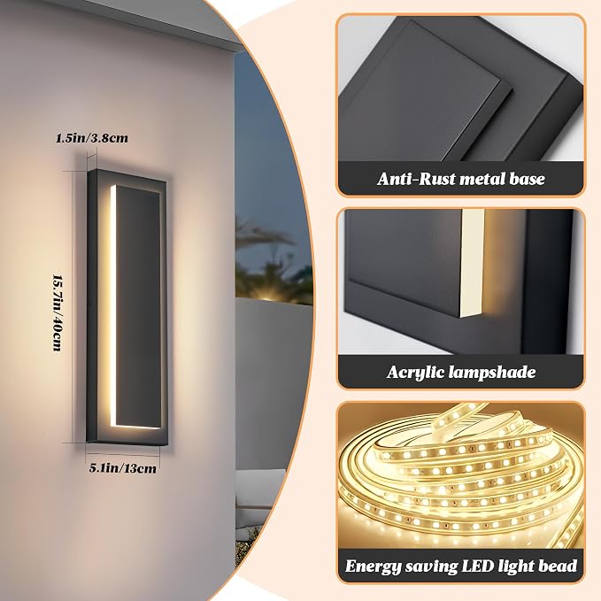 Modern Exterior Lighting Fixtures Outdoor Porch Wall Light 16 in | Black Outside Lights For House, Front Door, Patio, Foyer,Waterproof Outdoor Sconce Lights,LED 3000K Warm White 12W, 4 Packs