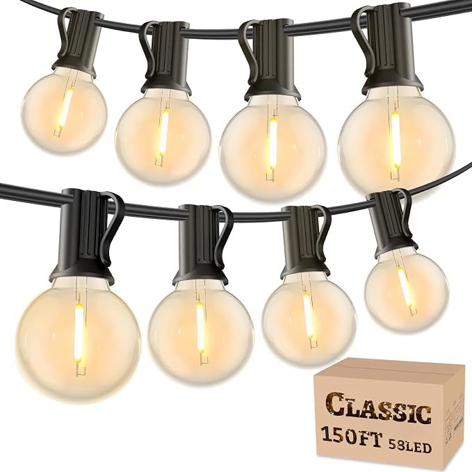 RTTY 150 FT Outdoor String Lights, LED Patio Light for Outside Waterproof | Dimmable G40 Bulbs, Shatterproof Hanging Connectable Globe Lighting for Bistro, Deck, Balcony, Cafe, Warm White, 2700K