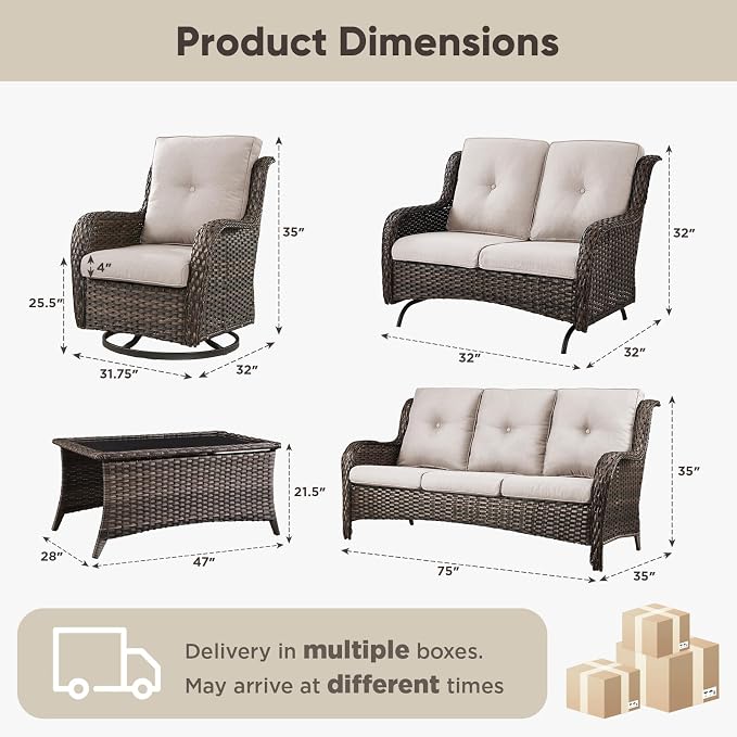 Belord 5 Piece Outdoor Wicker Furniture, Patio Swivel Rocking Chairs with Loveseat and 3 Seat Sofa,All Weather Patio Conversation Furniture Set, for Backyard Poolside Brown Wicker/Beige