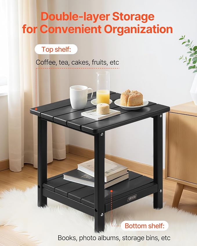VEVOR Outdoor Side Table, 17.72W x 14.96D x 17.32H Inch, Double Layer HDPE Outside End Table for Easy Maintenance, Withstand Harsh Weather, Fit for Patio, Pool, Beach, Porch, Indoor, Backyard, Black