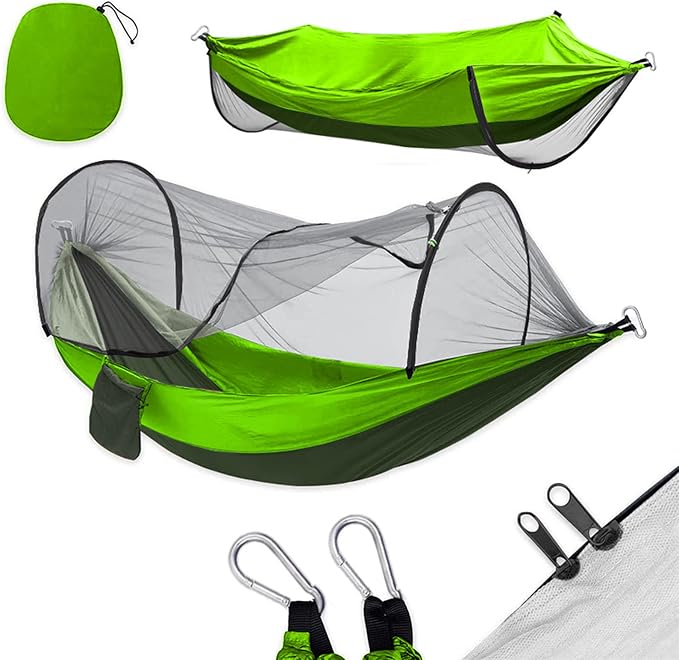 Camping Hammock with Net, Light and Durable Hammock for 2 People with Tree Strap and Carabiner Portable Pop Up Hammock for Outdoor Hiking