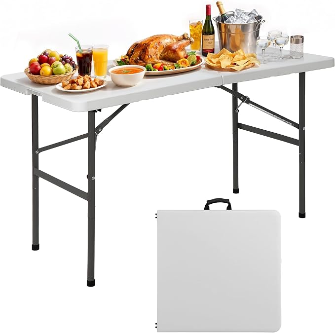 Folding Event Table, Heavy Duty Picnic Table Indoor Outdoor Camping, 4FT Portable w Handle Lock for Banquet, White