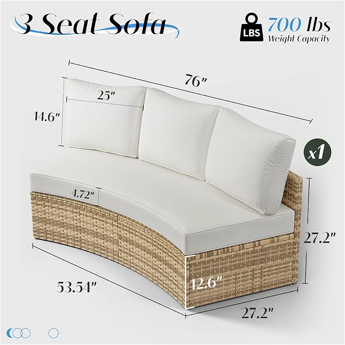 LUXOAK 3-Piece Wicker Patio Furniture Set, Waterproof Half-Moon Sectional Sofa with Cushions, Rattan Outdoor Conversation Set for Garden, Pool, Beach & Balcony, Beige