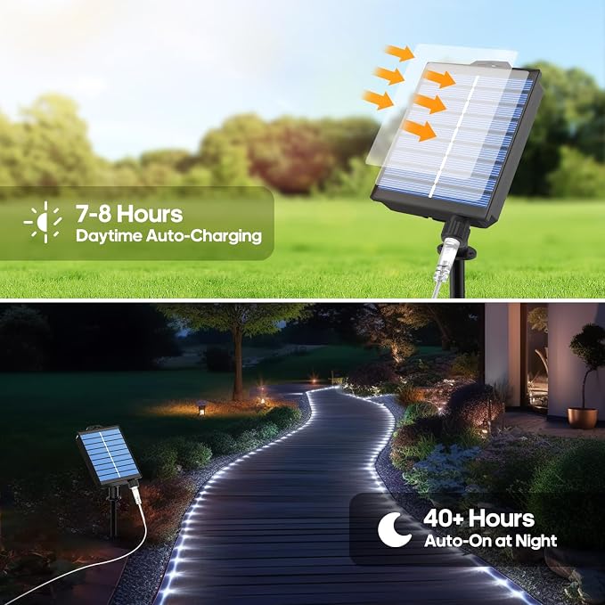 ICRGB Solar Lights Outdoor, 66FT 200LED 1800mah Solar Rope Lights with Remote, Type C, 19 Modes and Timer, IP67 Waterproof for Outdoor Christmas Pool Patio Porch Tree Wedding, Cool White to Multicolor | Type C & Solar, 19 Modes, IP67 Waterproof, With R...