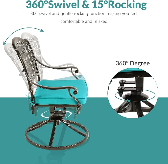 MEETWARM 7-Piece Outdoor Patio Dining Set, All-Weather Cast Aluminum Patio Conversation Set with 4 Stationary, 2 Swivel Rocker Chairs, 1 Rectangular Table, 6 Cushions, 2" Umbrella Hole, Ocean Blue