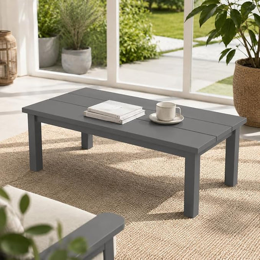 43.9" HDPE Outdoor Coffee Table (Gray) | All-Weather HDPE, Easy Assembly, Low-Maintenance, Large Tabletop, For Patio Deck Poolside Backyard Use