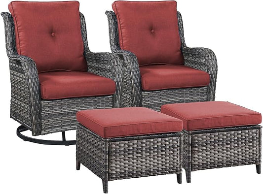 Rilyson Wicker Patio Furniture Set - 4 Piece Rattan Outdoor Sectional Conversation Sets with 2 Swivel Rocking Chairs,2 Ottomans for Porch Deck Garden(Mixed Grey/Red)