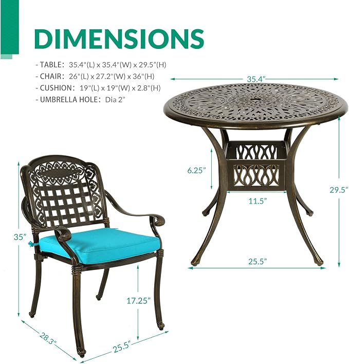 VIVIJASON 3-Piece Outdoor Patio Bistro Set, All-Weather Cast Aluminum Furniture Dining Sets Include 2 Cushioned Chairs and 35.4" Round Table w/Umbrella Hole for Balcony, Lawn, Ocean Blue Cushion