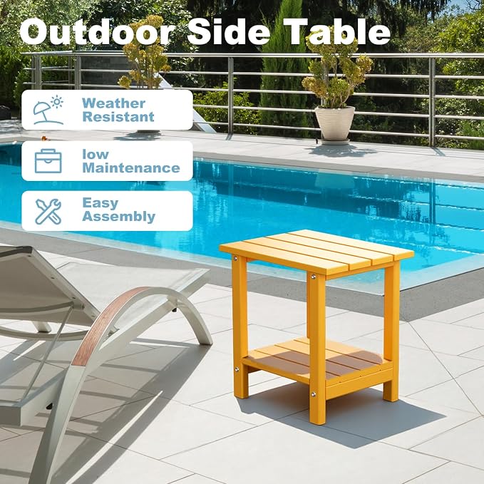 Adirondack Outdoor Side Table, 16.5” HDPE Small Patio Table with Storage Shelf, Weather Resistant End Table for Porch, Pool & Yard (Orange)