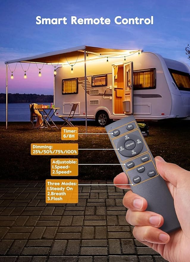 Brightown Outdoor String Lights, 82FT 25 Bulbs Shatterproof Patio Lights with Remote, IP65 Waterproof Dimmable Hanging Connectable LED Outdoor Lights for Backyard, Bistro, Porch, Deck, Balcony