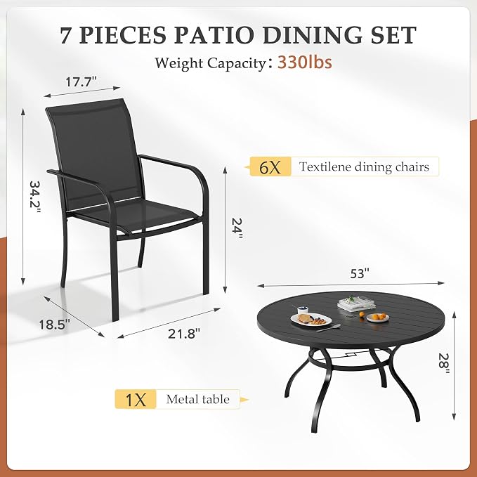 Incbruce 7 PCS Patio Dining Set, Outdoor Dining Set of 6 Textilene Chairs and 53" Round Table with Umbrella Hole for Backyard, Garden, and Poolside (Black)