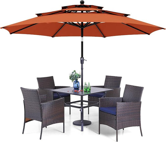 PHI VILLA 5pc Patio Dining Set with Umbrella, Square Table, Rattan Chairs | Outdoor Dining Set for 4, 37" Metal Table & 4 Cushioned Rattan Chairs with Red Umbrella for Outdoor, Deck, Yard, Porch