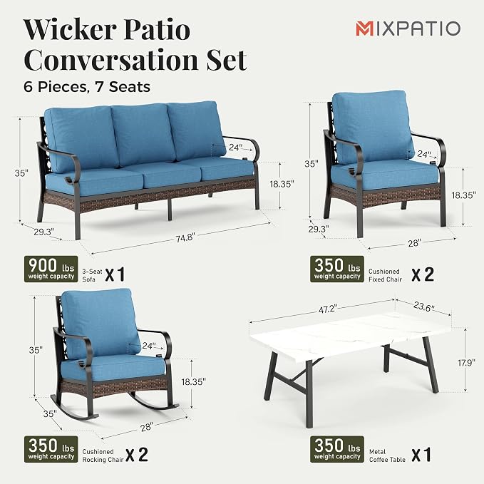 MIXPATIO Patio Furniture Set with Coffee Table, Outdoor Conversation Set with 2 x Fixed Chairs, 2 x Rocking Chairs, 1 x 3-Seat Sofa for Lawn Garden Backyard, Navy Blue