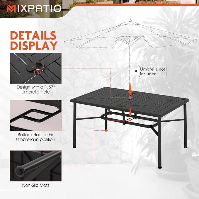 MIXPATIO Outdoor Patio Dining Table for 6, 64" x 39" Rectangular Metal Patio Dining Table with Umbrella Hole for Garden, Backyard and Porch