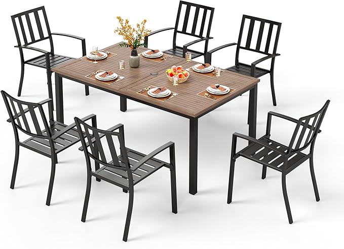 PHI VILLA Patio Dining Set for 6, Stackable Chairs&Wood-Like Table | 65” Brown Wood-Like Metal Steel Dining Table & Black Iron Chairs, Patio Furniture Set for Patio, Deck, Yard, Porch