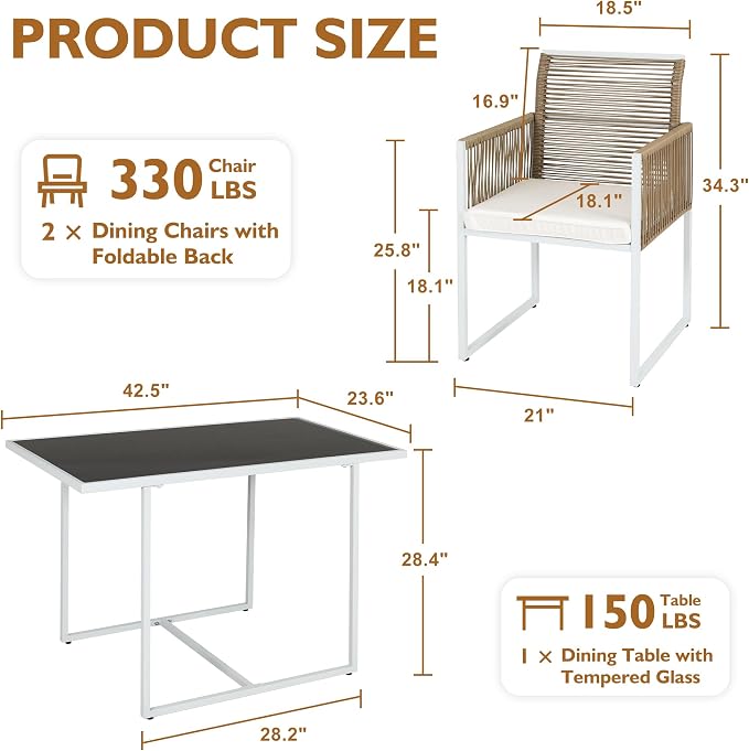 3PC Wicker Patio Dining Bistro Set for 2, All Weather Outdoor Use | Foldable Backrest, Cozy Cushions & Glass Tabletop, Space-Saving, Small Patio Set for Backyard, Balcony, Poolside, Natural