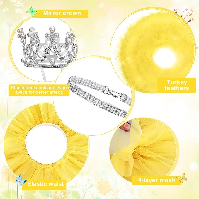 4 Pcs Princess Porch Goose Outfit for 23" 17" Cement Lawn Goose Costume Crown Necklace Tutu Skirt Feather Trim(Yellow)