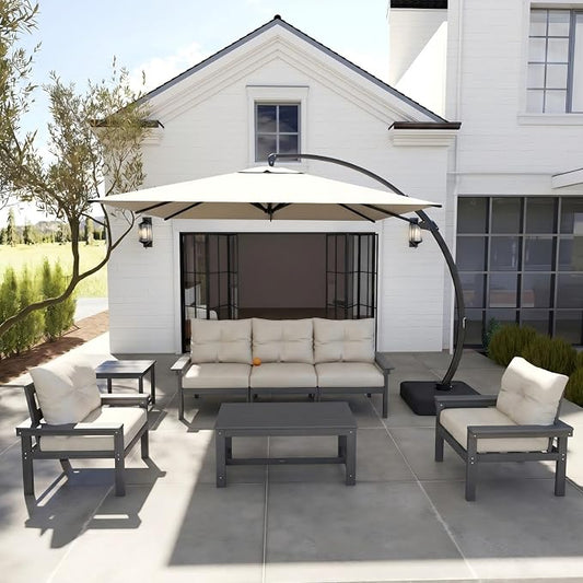 HDPE 7 Piece Patio Furniture Set, All-Weather Outdoor Couch Set with Thick Cushions & Table & Umbrella, Patio Conversation Sets for Lawn, Garden, Porch, Balcony, Deck, Poolside, Grey & Beige