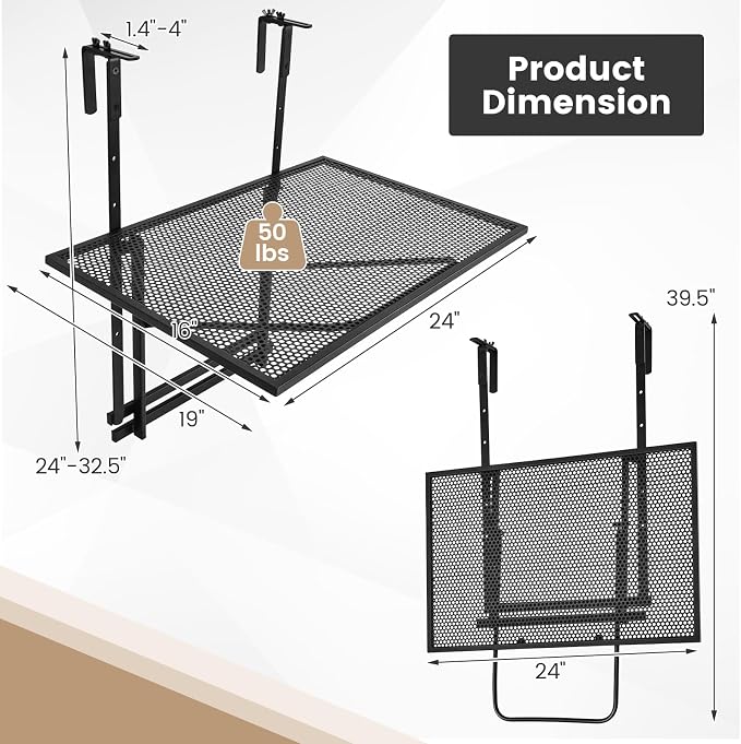 LDAILY Balcony Railing Table, Large Metal Folding Hanging Table with 5-Level Adjustable Height, Heavy-Duty Outdoor Bar Table Fits 1.4”-4” Railings for Patio, Porch, Deck, Black