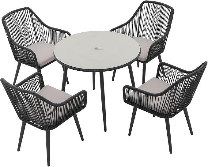 Patiorama Outdoor Dining Table, 35'' Patio Round Table, All-Weather Rope Rattan Wicker Patio Dining Table, Patio Tempered Glass Table w/Umbrella Hole, Outdoor Coffee Table for Lawn Garden Pool(Black)