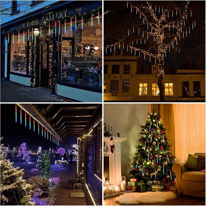 Weepong Meteor Shower Outdoor Christmas Lights 32 Tube 768LEDs Snow Falling Rain Cascading Icicle Light for Christmas Halloween Tree Decorations Wedding Party Garden Decor, UL Plug Multi Color