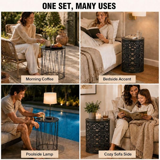 Y&M Outdoor Side Tables Set of 3, Metal Stacking Patio Side Tables for Outside, Round Indoor End Tables, Decorative Garden Stool Plant Stand for Patio Garden Balcony Porch, Black