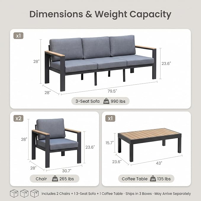 Outdoor Patio Furniture Set, 4-Piece Aluminum Conversation Set with 3-Seat Sofa, 2 Chairs and Coffee Table, 5-Inch Water-Resistant Cushions for Backyard, Deck, Poolside, Gray
