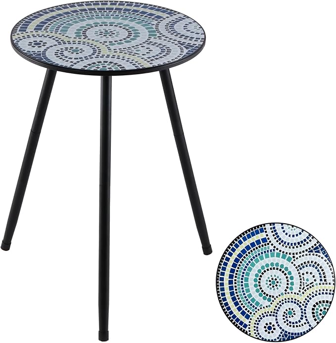 1 Pack Metal Outdoor Side Table Small Outside Round End Table for Patio Modern Accent Garden Corner Table for Small Spaces, Balcony, Porch, Weather-Resistant, Plant Stand Indoor, Round Mosaic