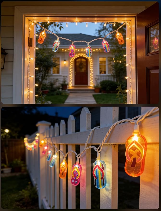 Abeja Summer Slipper String Lights, 8.5Ft Outdoor Hawaiian Tropical Decoration Lights with 10 Multicolor Slipper Lights, Ocean Themed Decorative Lights for Bedroom Camping Decks Party Lighting