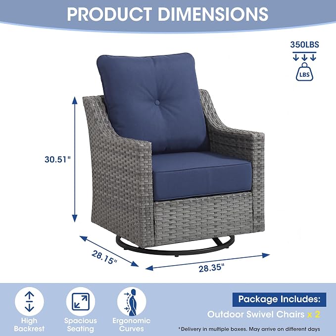 2 Piece Patio Furniture Set, Outdoor Swivel Rocker Chairs Set of 2, Grey Wicker Conversation Chairs with 6-Inch Thick Cushions, High Back Seating, Blue Olefin Covers for Porch, Deck