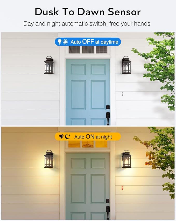 Dusk to Dawn Outside Lights, 2-Pack Oil Rubbed Bronze Exterior Lighting Fixtures with Gold Trim, Modern Patio Wall Sconce with Seed Glass, Waterproof Anti-Rust Outdoor Wall Light for Porch, Garage