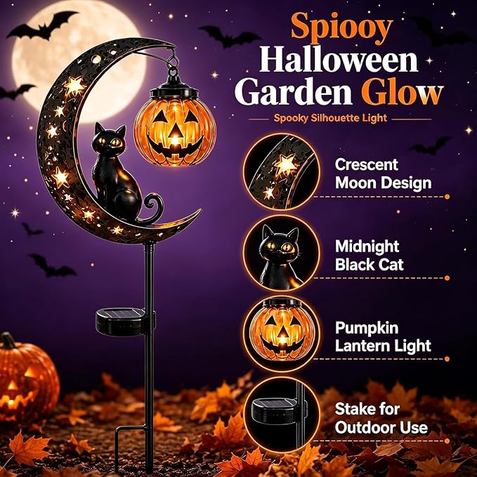 Solar Halloween Black Cat Garden Stake Light – Metal Crescent Moon & Pumpkin Lantern Yard Decor, Auto On/Off Waterproof LED Landscape Lighting for Patio Lawn Pathway (C)
